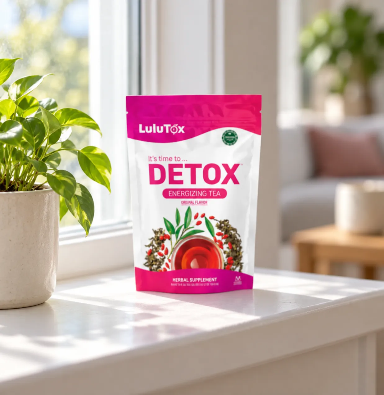 Lulutox Detox Tea — the package in everyday use
